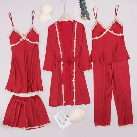 Pajamas For Women Plus Size Jioakfa Women S Sleepwear Long Pants+Tops Pajamas Five Piece Set Home Wine M