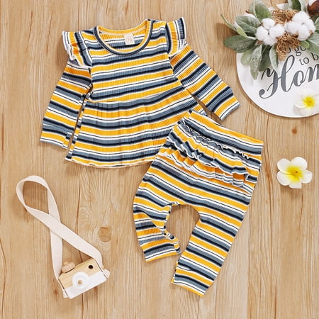 CHGBMOK Clearance Toddler Baby Girls Long Sleeve Striped Print Tops+Ruffles Pants Outfits