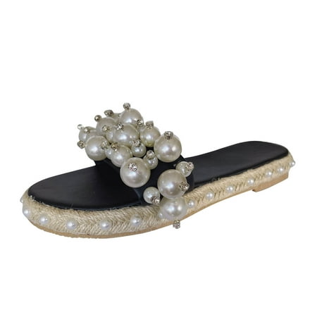 Tangnade Casual Shoes Womens Pearl Fashion One-Word Slippers Flat Large Size Sandals And Slippers