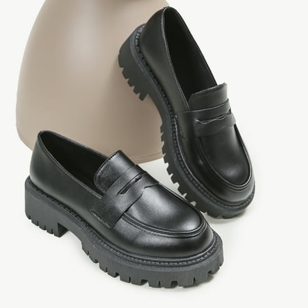 Women‘s Platform Slip On Loafers Black Non Slip Round Toe PU Leather Shoes Women‘s Footwear