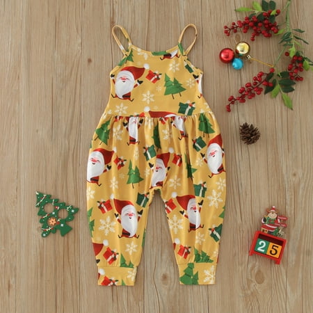 Toddler Girls Christmas Sleeveless Cartoon Prints Romper Jumpsuit With Pocket Clothes Yellow 110