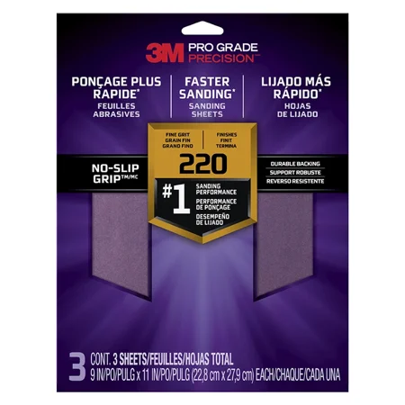 9 X 11 3M 26220 Tri-3 Pro Grade Precision No-Slip Grip Sanding Sheet 220-Grit 3-Pack
9 X 11 3M 26220 Tri-3 Pro Grade Precision No-Slip Grip Sanding Sheet 220-Grit 3-Pack