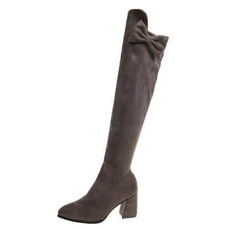 Ladies Fashion Suede Bow Side Zipper Pointed Toe Chunky High Heel Over Knee Boots