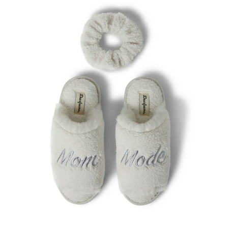 Dearfoams Womens Louise Embroidered Mom Slide Slipper Gift Set with Scrunchie