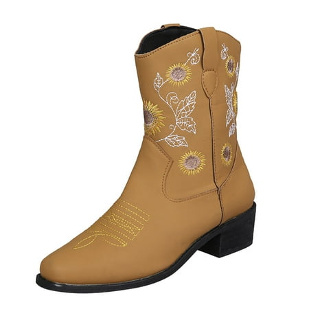 Ladies Fashion Leather Face Sunflower Embroidered Square Toe Chunky Heel Mid Boots
Ladies Fashion Leather Face Sunflower Embroidered Square Toe Chunky Heel Mid Boots