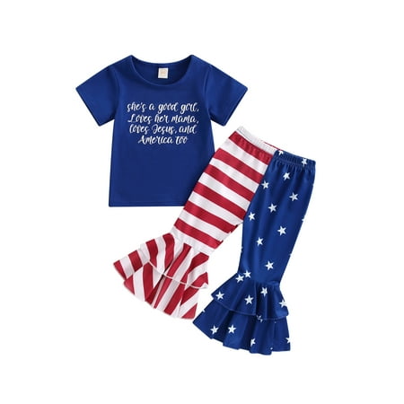 Sunisery Toddler Kids Girls Independence Day Clothing Short Sleeve Letter Print Tops Stars Stripe Patchwork Flared Pants 2Pcs Set
Sunisery Toddler Kids Girls Independence Day Clothing Short Sleeve Letter Print Tops Stars Stripe Patchwork Flared Pants 2Pcs Set