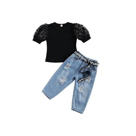 Qtinghua Toddler Baby Girl Summer Clothes Lace Puff Short Sleeve T-Shirt Tops + Ripped Jeans Denim Pants + Belt Set
Qtinghua Toddler Baby Girl Summer Clothes Lace Puff Short Sleeve T-Shirt Tops + Ripped Jeans Denim Pants + Belt Set