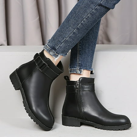 Hvyes Boots Deals Dressy Western Booties Women Square Flat With Buckle Strap Lightweight Mid Snow Booties Belt Decorated Fleece Low Top Teen Girls Ankle Boots