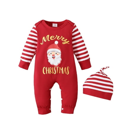 LAPA Baby Christmas Boys Girl Print Romper Letters Stripe Long Sleeves 2 Piece Outwear
