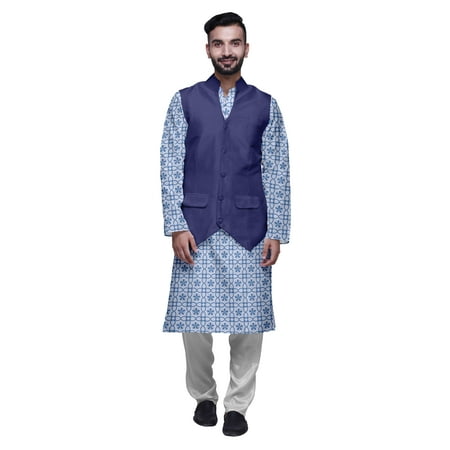 Atasi Printed Kurta Pajama Jacket Set Mandarin Collar Traditional Ethnic Shirt