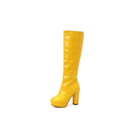 

Lacyhop Womens Party Sexy Knee High Platform Boots Fashion Side Zip Patent Leather Shoes Yellow 8.5