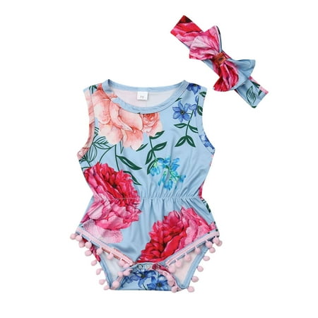 Pudcoco Newborn Baby Girls Kids Floral Clothes Romper Bodysuit +Headband Set