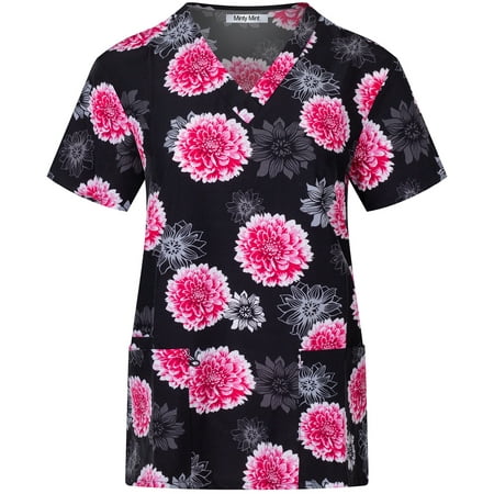 Minty Mint Women s Stretch Printed V-Neck Medical Scrub Top Black M