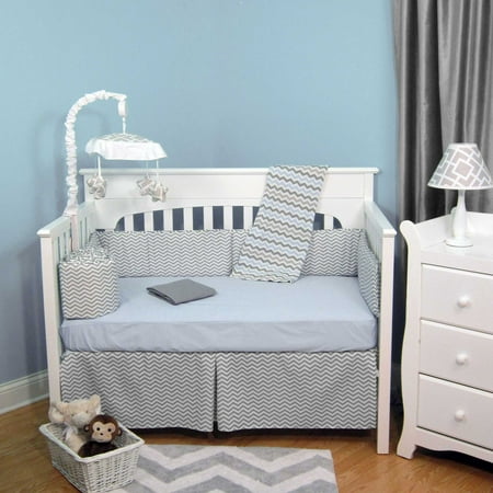 Zig Zag Blue & Gray Chevron 5 Piece Baby Crib Bedding Set with Bumper