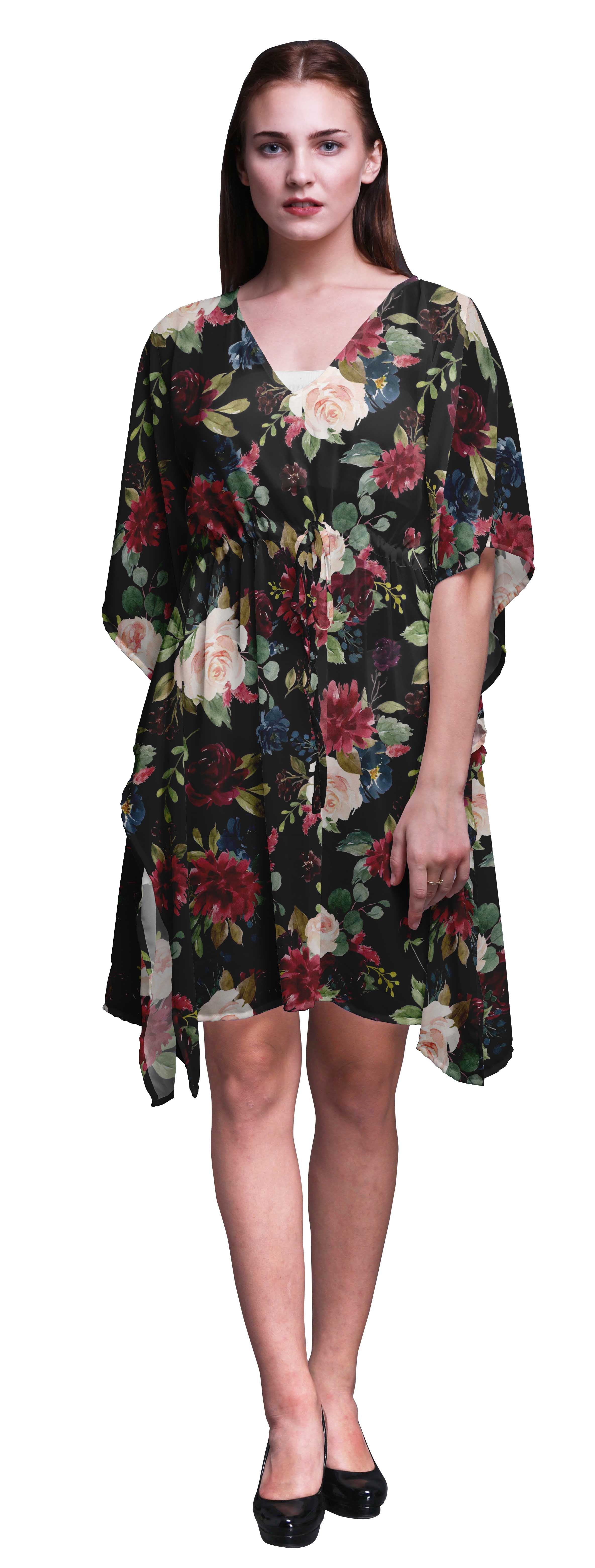 Bimba Black Floral Leaves Peony Short Caftan Midi Dress Beach