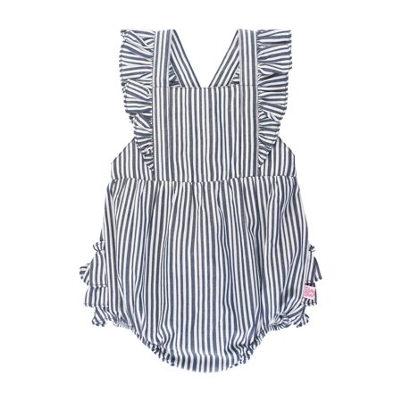 RuffleButts® Baby/Toddler Girls Navy Stripe Cross-Back Ruffle Romper - 0-3m
