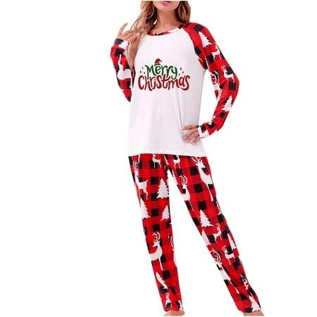 

Honeeladyy Christmas Family Pajamas Parent-Child Warm Christmas Suit Printed Plaid Stitching Home Wear Pajamas Long-Sleeved Trousers Two-Piece Set（Mom） Red Clearance under 5$