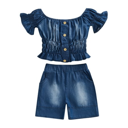 Genuiskids 2Pcs Toddler Baby Girls Summer Denim Outfits Off-Shoulder Shirred Crop Tops Elastic Waist Shorts for Kids 1-5T
Genuiskids 2Pcs Toddler Baby Girls Summer Denim Outfits Off-Shoulder Shirred Crop Tops Elastic Waist Shorts for Kids 1-5T