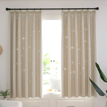 2 Layer Stars Tulle+Blackout Hollow-Out Stars Curtains Room Darkening Starry Curtain Eyelet/Hooks Bedroom Decor Boys Girls Kids Gift