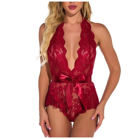 Lovehome Women Lace One-Piece Lingerie Babydoll Deep V Teddy Bodysuit