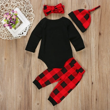 Unisex Baby Girl Boy Christmas Outfit Sets Long Sleeve Letter Print Romper + Plaid Pants + Headband + Hat 4 Piece Sets
Unisex Baby Girl Boy Christmas Outfit Sets Long Sleeve Letter Print Romper + Plaid Pants + Headband + Hat 4 Piece Sets