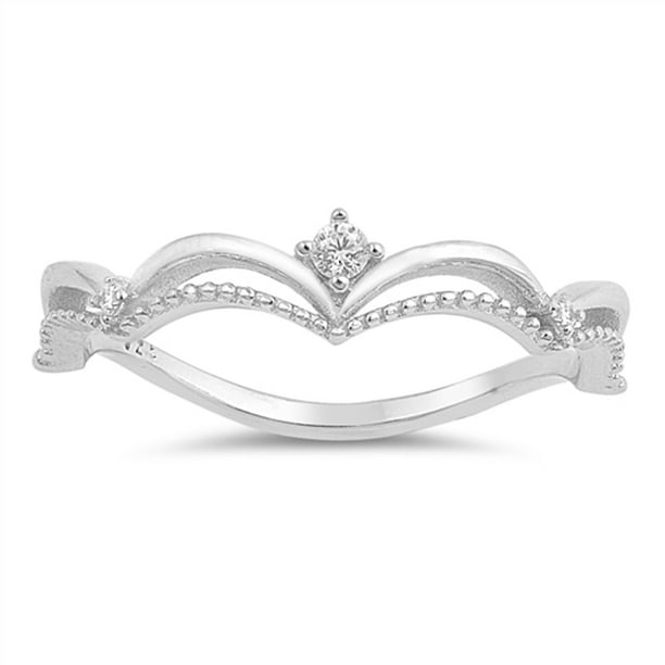 White CZ Tiara Wave Solitaire Accent Ring .925 Sterling Silver Band Size 6