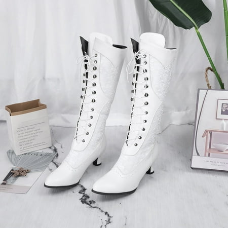 Csengfiy Toe Boots Lace Side Fashion Zip Women s Shoes Boots High Heeled Mid- Pointed women s boots