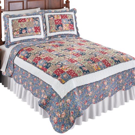 Beautiful Melanie Floral Patchwork Quilt, Light Blue, Burgundy, Green