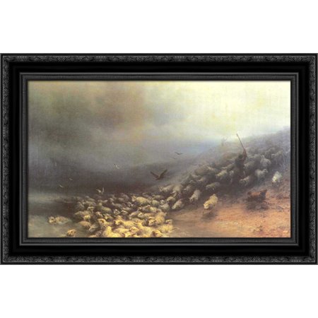 Flock of sheep at gale 24x18 Black Ornate Wood Framed Canvas Art by Aivazovsky, Ivan