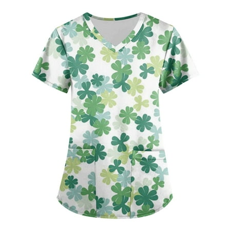 Cakiesky Women s Scrub Tops with Designs Moisture-Wicking V-Neck Printed Short-Sleeve Christmas Scrub Top Cyan L
