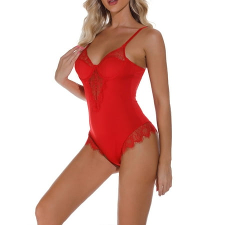 Women Underwire Sleepwear V-neck Pajamas Sexy Dress for Hot Night Honeymoon Wear L Big Red