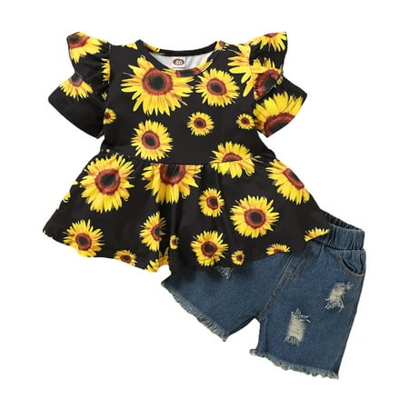 Sunflower Printed Ruffled Hem Short Sleeve Tops with Short Ripped Jeans
Sunflower Printed Ruffled Hem Short Sleeve Tops with Short Ripped Jeans