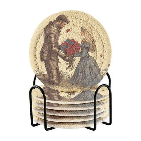 WOBOGO Illustration Of Knight Sending Flowers To Princess Coil Coasters Set of 6 Minimalist Cotton Woven 3.94 inch Non-Slip Insulated and Absorbent Home Accessories.
WOBOGO Illustration Of Knight Sending Flowers To Princess Coil Coasters Set of 6 Minimalist Cotton Woven 3.94 inch Non-Slip Insulated and Absorbent Home Accessories.