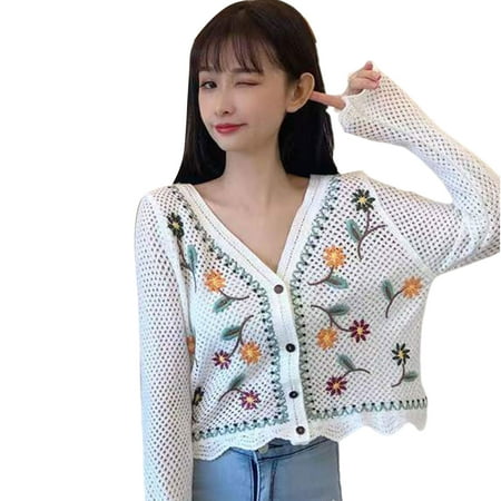 TINYSOME Korean Style Women Spring Long Sleeve Crop Cardigan Hollow Out Crochet Knit Embroidery Floral V-Neck Button Down Wave Hem Sweater for Jacket Outerwear
TINYSOME Korean Style Women Spring Long Sleeve Crop Cardigan Hollow Out Crochet Knit Embroidery Floral V-Neck Button Down Wave Hem Sweater for Jacket Outerwear