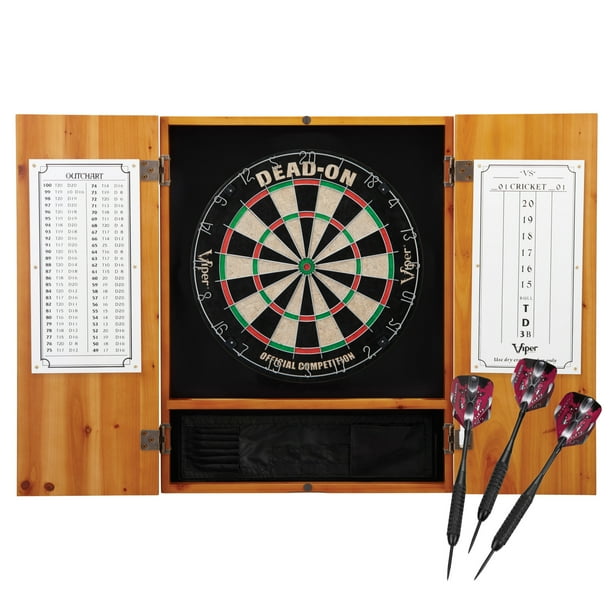 Viper Metropolitan Sisal Fiber Bristle Dartboard and Cabinet Bundle: Deluxe Set (Dead On Dartboard and Darts), Oak Finish