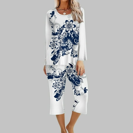 Lounge Sets For Women 2 Piece 2PC Round Neck Long Sleeve Two-piece Comfortable Home Pajamas Set Sports Set Up to 65% off