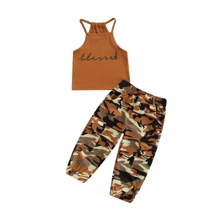AMILIEe Toddler Kid Girl Clothes Sleeveless Letter Print Sling Tank Tops + Camouflage Pants Children Outfits 
AMILIEe Toddler Kid Girl Clothes Sleeveless Letter Print Sling Tank Tops + Camouflage Pants Children Outfits