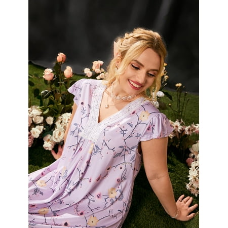 Elegant Women s Plus Floral Print Contrast Lace Butterfly Sleeve Sleep Dress Lilac Purple 5XL(22) for Summer F220102Y
Elegant Women s Plus Floral Print Contrast Lace Butterfly Sleeve Sleep Dress Lilac Purple 5XL(22) for Summer F220102Y