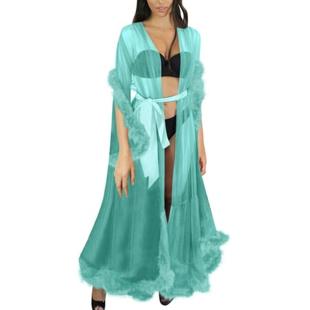 

Lingerie For Women Tulle Robe Long Nightgown Bathrobe Sleepwear Feather Bridal Robe Lace Underwear Women
