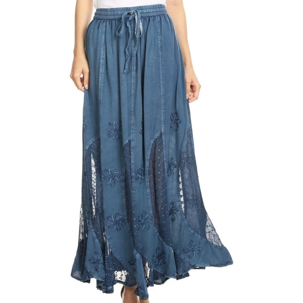 Sakkas Aleja Womens Bohemian Gypsy Maxi Long Skirt Adjustable Elastic Waist Lace - Blue - Medium