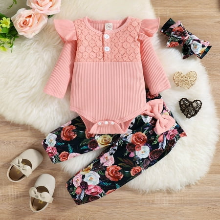 FZM Christmas Girls Long Sleeve Ribbed Romper Bodysuits Floral Printed Pants Headbands Outfits