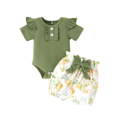 Suanret 2Pcs Toddler Baby Girls Romper Set Ribbed Short Sleeve Bottom Snap Jumpsuit + Printed Bow Trim Shorts Green 0-6 Months
Suanret 2Pcs Toddler Baby Girls Romper Set Ribbed Short Sleeve Bottom Snap Jumpsuit + Printed Bow Trim Shorts Green 0-6 Months