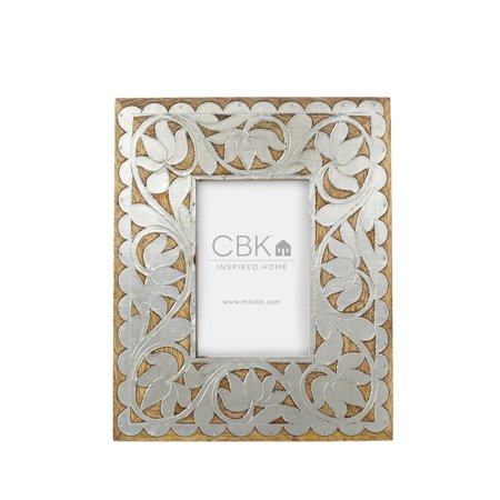 5x7 Silver and Brown Decorative Floral Designed Wood Inlay Frame with Glossy finish