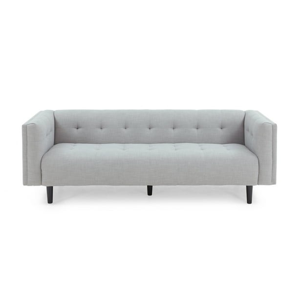 Noble House Kyree Mid-Century Modern Fabric Upholstered Tufted 3 Seater Sofa, Light Gray, Dark Brown