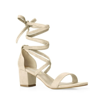 Unique Bargains Women s Lace Up Cross Strap Mid Chunky Heels Sandals