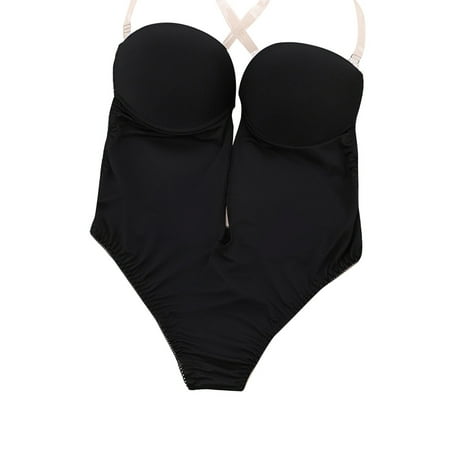 Women Bodysuit Lingerie Deep V Bodysuit with Bra Transparent Shoulder Strap S Black
