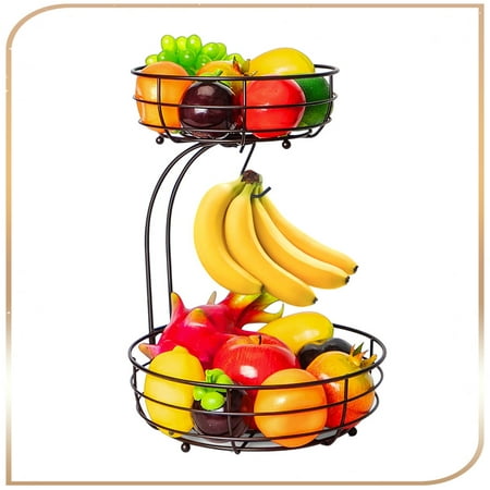 

Auledio 2 Tier Metal Fruit Vegetable Basket Bowl with Banana Hanger Detachable Holder for Kitchen Countertop Bronze