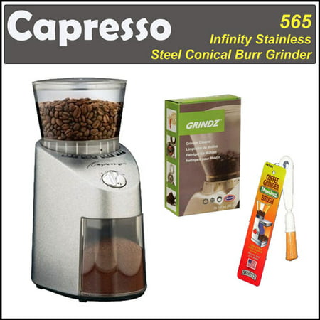 Capresso 565 Infinity Stainless Steel Conical Burr Grinder + Coffee Grinder Dusting Brush + 3-pack 35G Grindz Coffee Grinder Cleaner