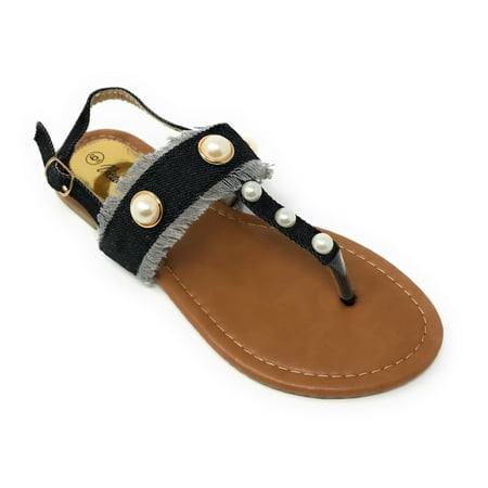 Victoria K Women s Fringed Denim With Pearl Studs Sandals 
Victoria K Women s Fringed Denim With Pearl Studs Sandals