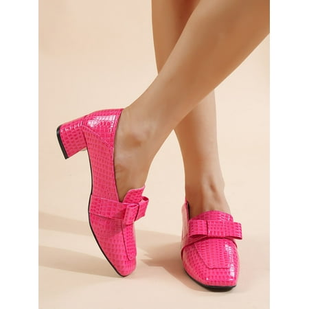 Neon Pink Embossed Bow Decor Loafer Pumps Women‘s Footwear